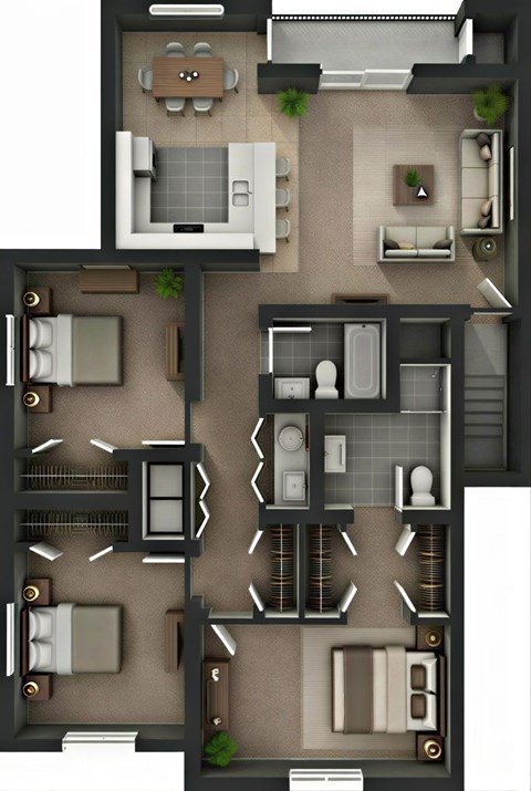 Floor plan for 3 beds, 2 baths, 1117 sqft